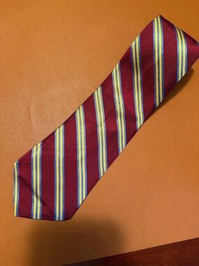 Brooks Brothers Burgundy Tie with Blue and Yellow Stripes